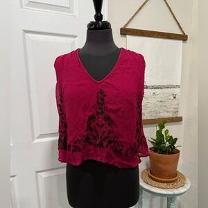 Elegant Women's Burgundy Top with Black Floral Design by Free People